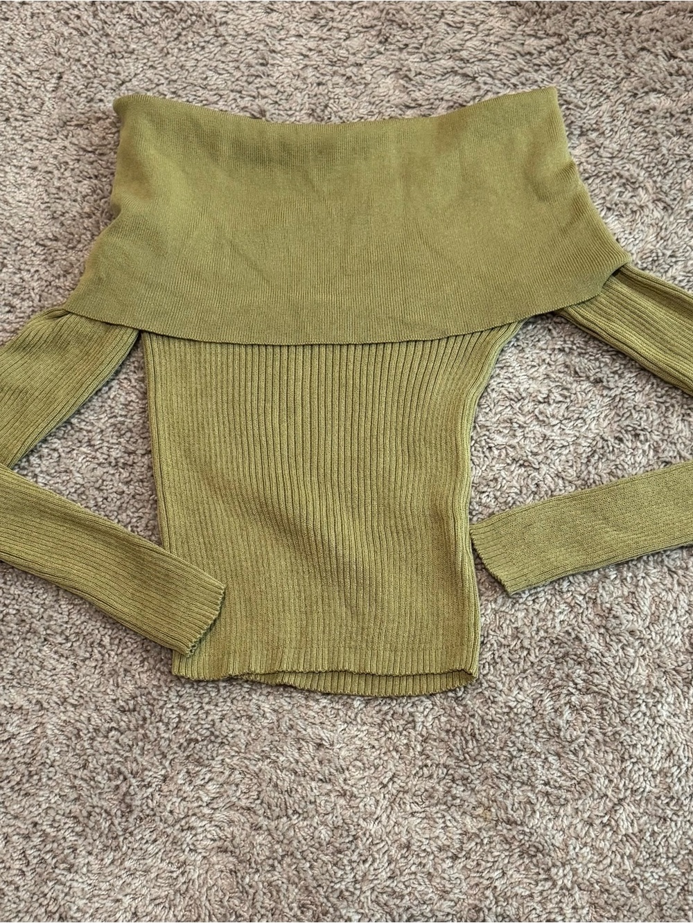 Off-the-Shoulder Olive Ribbed Knit Sweater